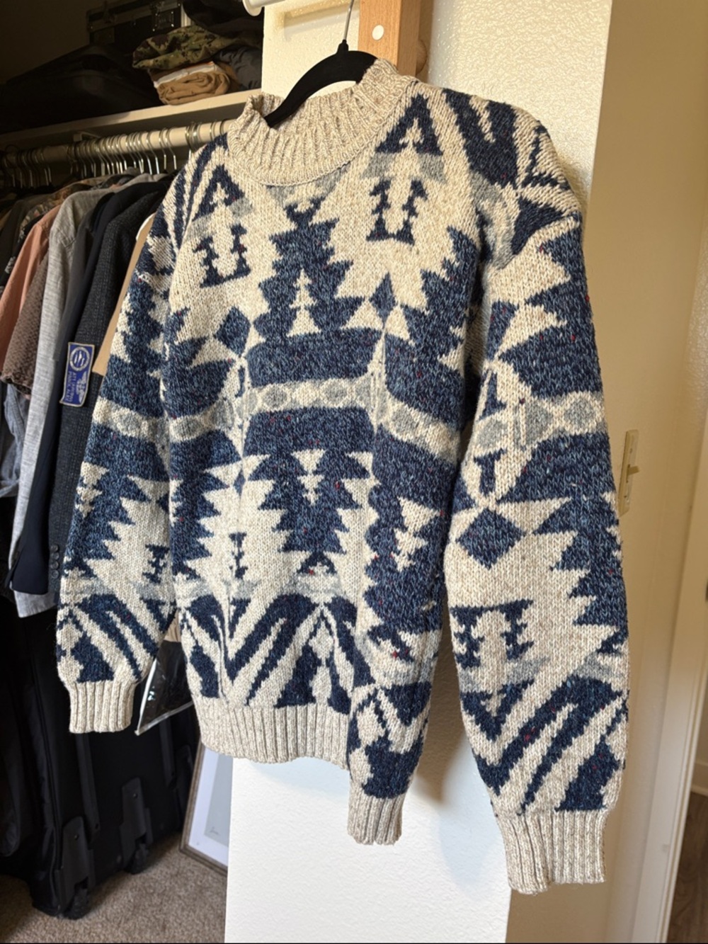 Michelle Stuart Cream and Navy Geometric Crewneck Sweater
